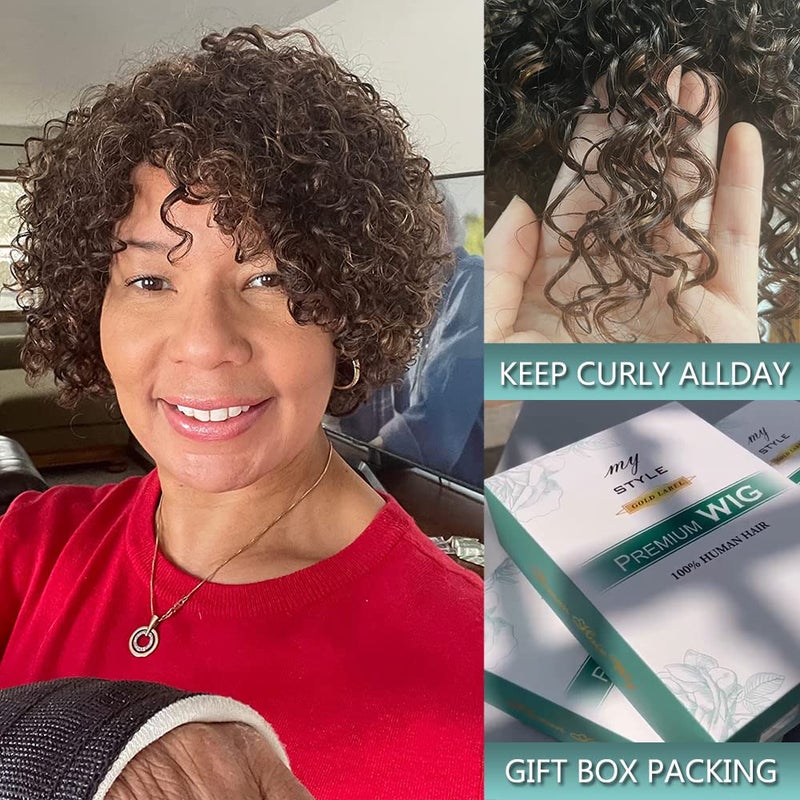 HUA Kinky Curly Short Wigs for Black Women Human Hair Chocolate Brown Mix Medium Auburn Curly Human Hair Wigs for Black Women Glueless 4/30 Color Short Wigs for Women - Image 3